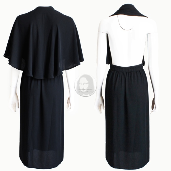 Vintage Halston Halter Dress Silk Wrap Style Attached Angel Sleeve Capelet Sz 12 - Picture 8 of 12